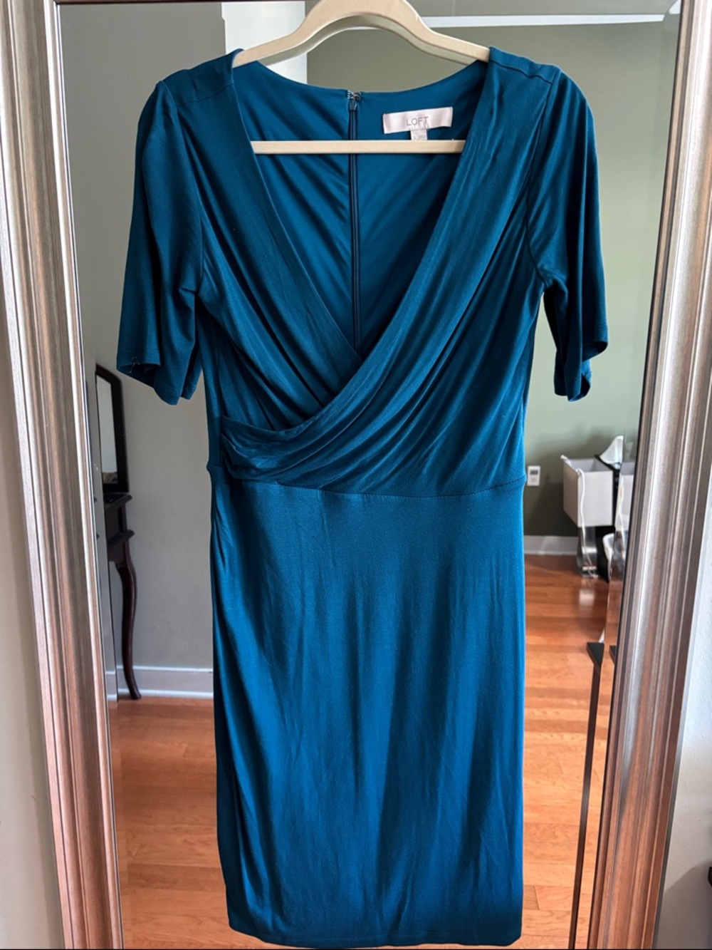 LOFT Deep Teal Draped Wrap-Front Midi Dress